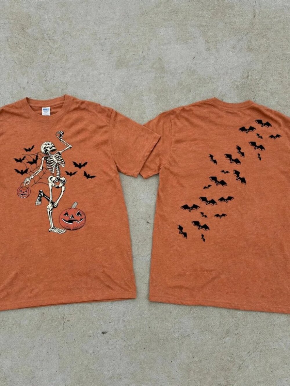 Halloween Dancing Skeleton T-Shirt for Men Pumpkin Bats Graphic Tee Orange